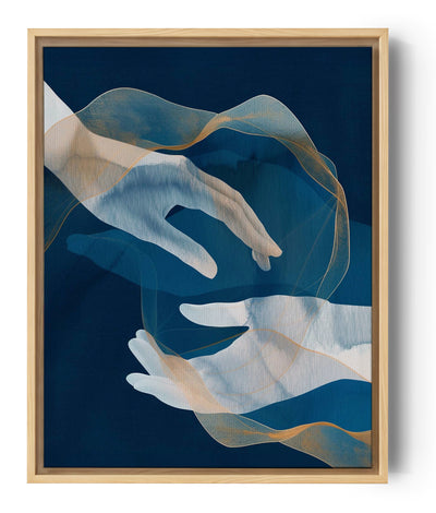 Close-up of a blue abstract painting: white hands surrounded by shimmering golden veils on a deep navy background