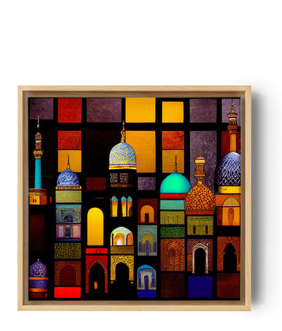 Arabisches Wandbild. Eine arabische Stadt erstreckt sich, voller Häuser in warmen Farben und mit komplexen Mustern. Ihre mit Mosaiken verzierten Fassaden spiegeln das Sonnenlicht wider. Ein Wandbild, inspiriert von bunten Buntglasfenstern und den gewundenen, engen Gassen des Nahen Ostens. Die Minarette erheben sich stolz zum Himmel und zeugen von der Geschichte und Kultur eines uralten Landes