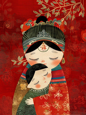 Canvas art of a Russian doll-themed mother and child, set against a red floral backdrop with a Chinese theme.