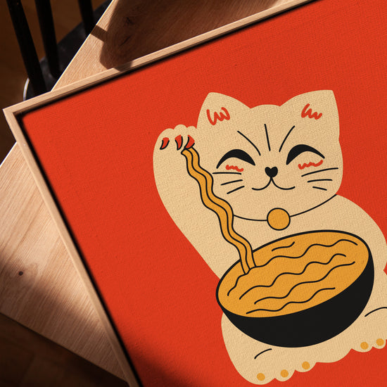 Japanese Lucky Cat (Maneki Neko) ramen wall art for minimalist kitchen decor