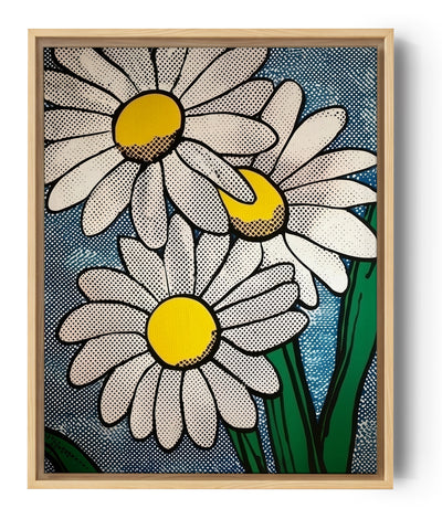 Tableau pop art représentant des marguerites en gros plan, effet pointillé et couleurs vives