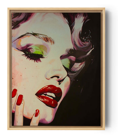 Póster del rostro de Marilyn Monroe, maquillaje, fondo negro.