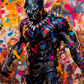 Représentation artistique et colorée du personnage Black Panther avec un fond éclaboussé de peinture multicolore