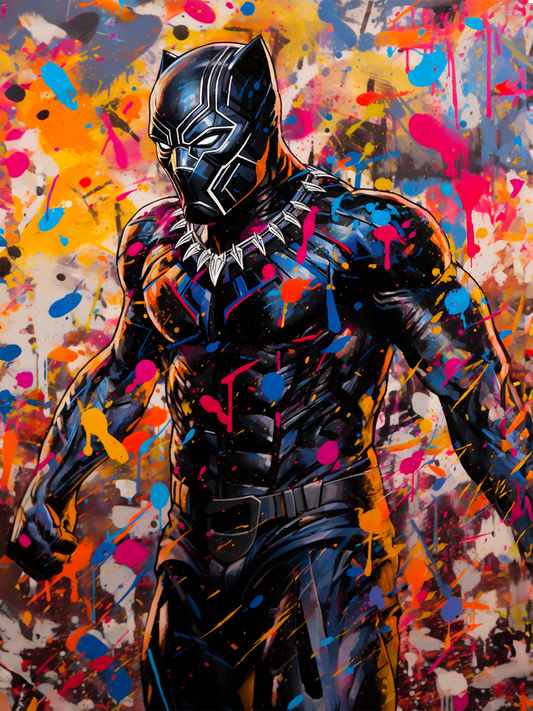 Représentation artistique et colorée du personnage Black Panther avec un fond éclaboussé de peinture multicolore