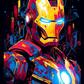 C'est une illustration vibrante et colorée d'Iron Man avec un arrière-plan urbain futuriste