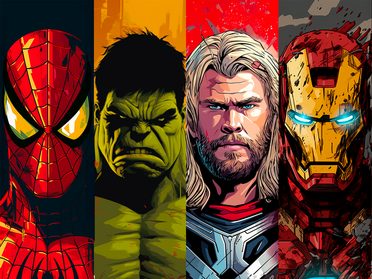   toile avec une compilation de portrait:  spiderman, hulk, thor et iron man 