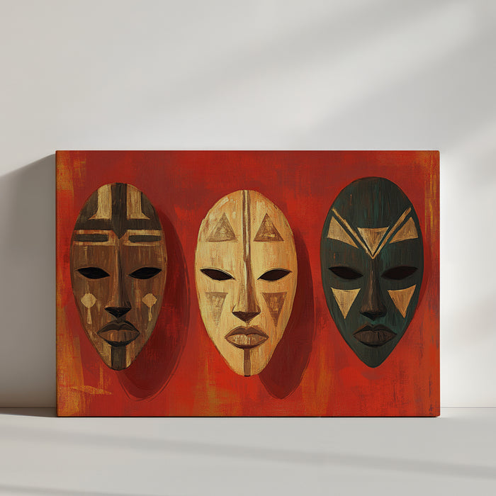 Colorful tribal masks wall art on a vibrant red background, ethnic style