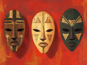 Wall art of colorful tribal masks on vibrant red, ethnic style