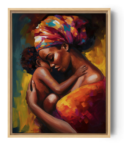 Peinture vibrante d’une mère africaine tenant son enfant, aux tons chauds et intenses. Le tissu coloré et les jeux de lumière renforcent l’émotion et la douceur de la scène. Idéal pour une décoration murale expressive et chaleureuse.