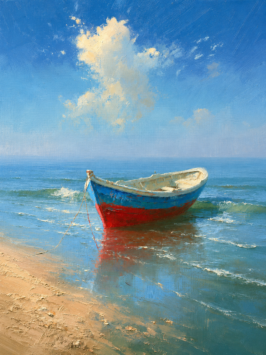 Tableau sur toile Barque échouée - Lumière dorée et mer turquoise