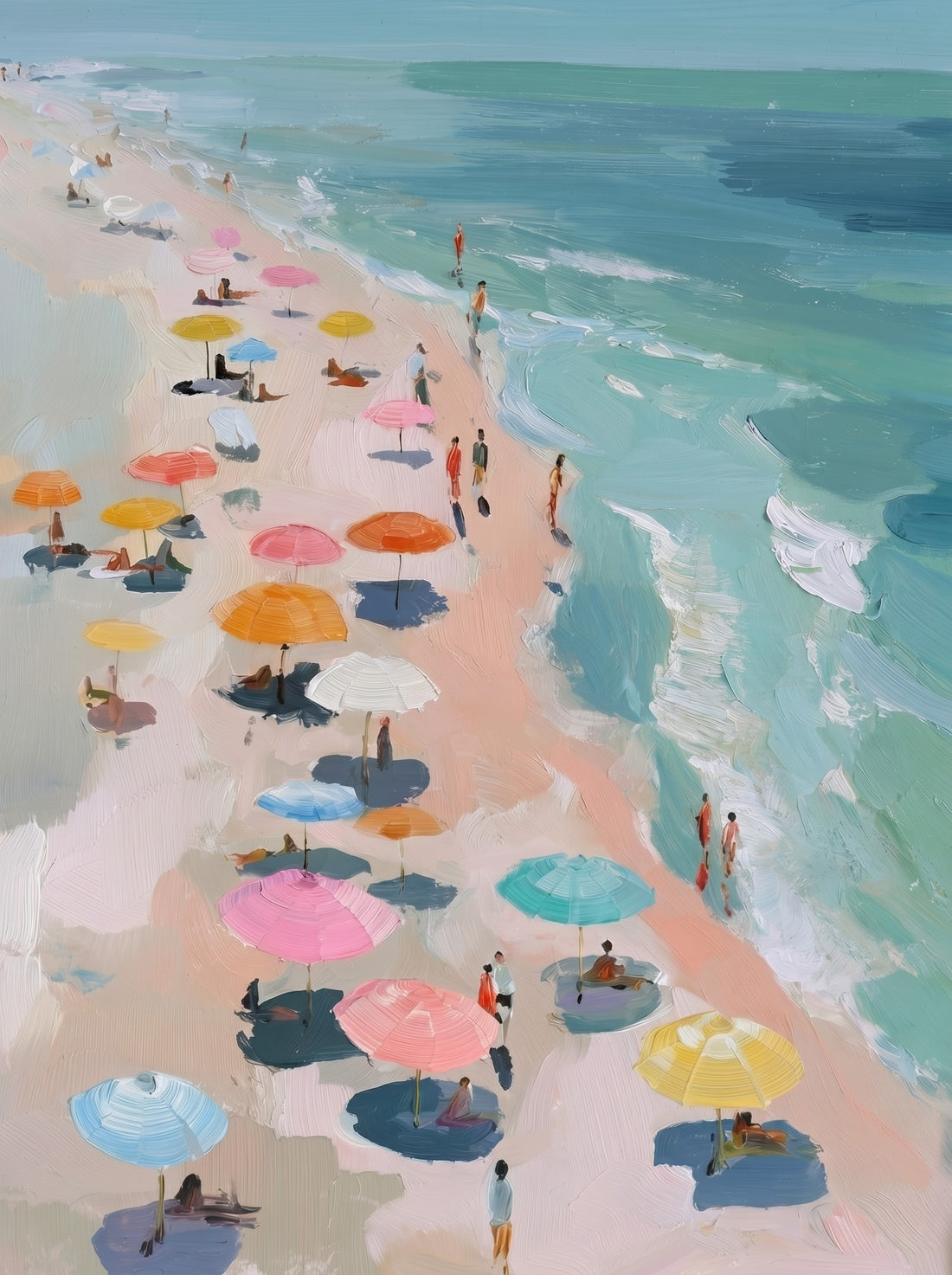 Tableau sur toile Plage colorée - Parasols et mer turquoise en lumière d'été