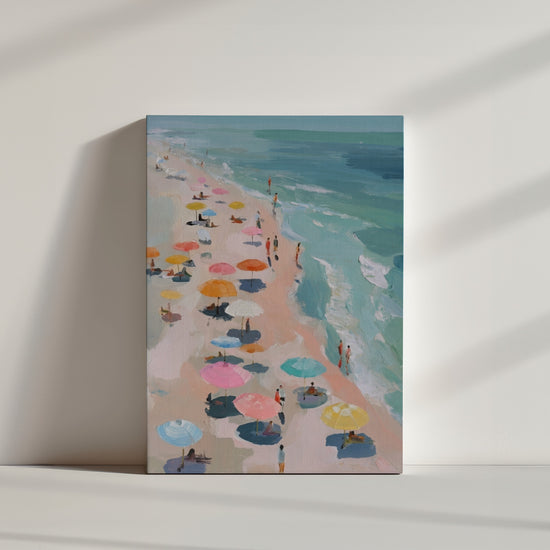 Tableau mer plage parasols colorés tons pastel décoration murale minimaliste épurée