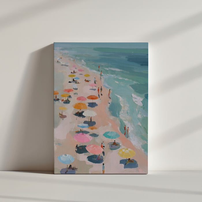 Tableau mer plage parasols colorés tons pastel décoration murale minimaliste épurée