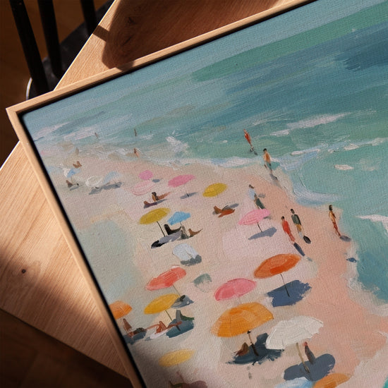 Tableau mer plage parasols colorés impressionniste décoration salon style estival chaleureux