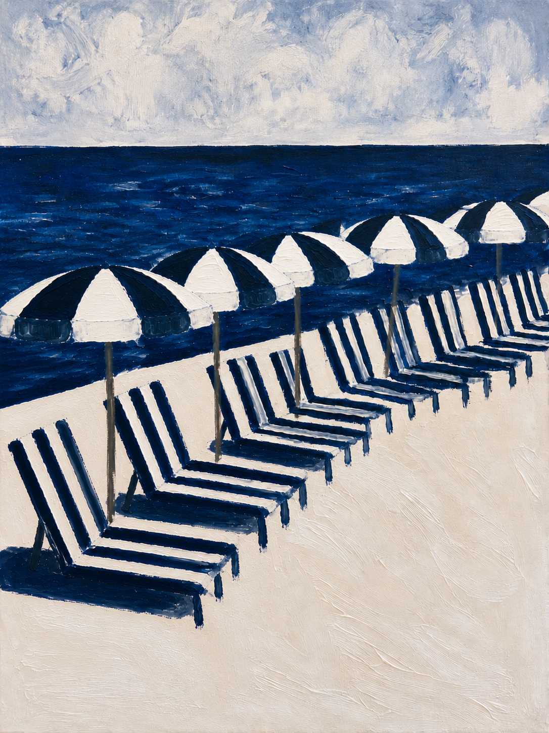 Leinwandbild Verlassener Strand – Sommerlicht & gestreifte Liegestühle