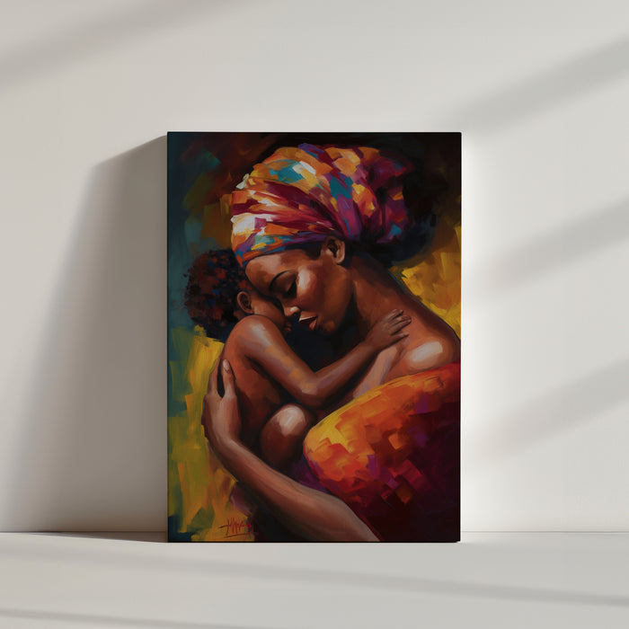 Vibrant painting of an African mother holding her child in rich warm tones; colorful fabric and dramatic lighting heighten the tenderness and emotion—ideal for warm, expressive wall decor