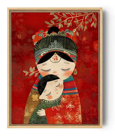 Leinwand mit Darstellung einer Matrjoschka als Kind und Mama, roter floraler Hintergrund mit chinesischem Thema.