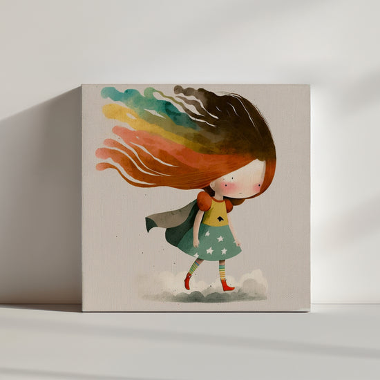 Tableau minimaliste, une jeune fille super-héro aux cheveux arc-en-ciel qui atterrit