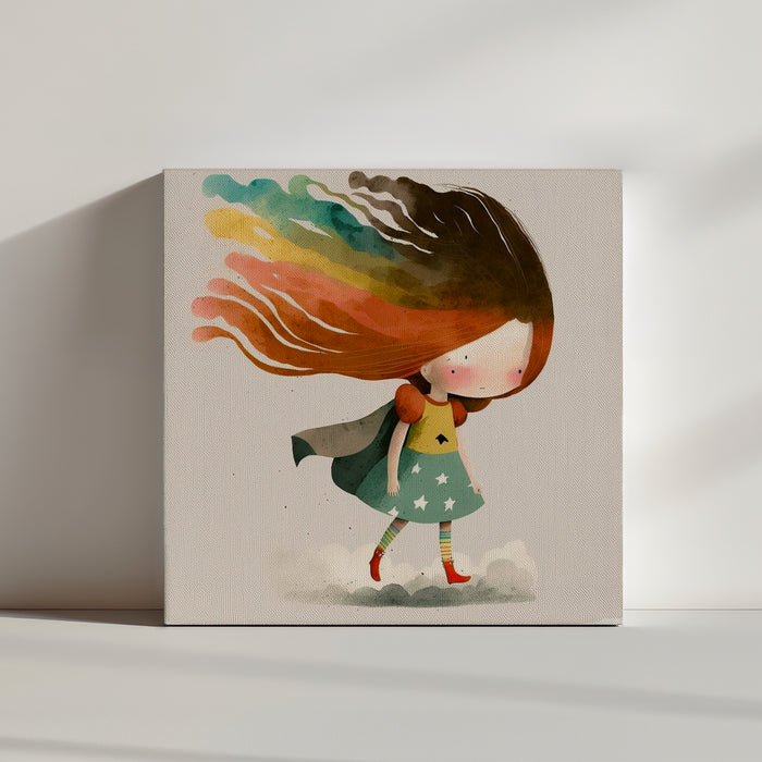 Tableau minimaliste, une jeune fille super-héro aux cheveux arc-en-ciel qui atterrit