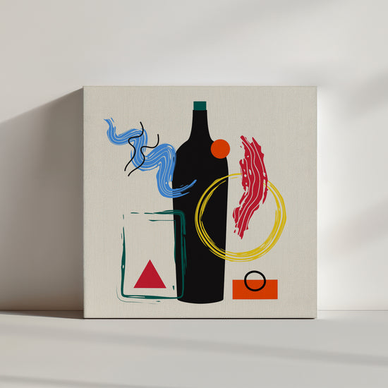 Modern geometric wall art featuring a black wine bottle and colorful shapes