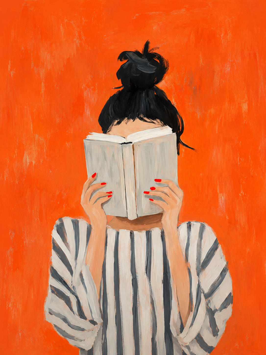 Tableau sur toile Femme lisant - Évasion littéraire orange et marinière