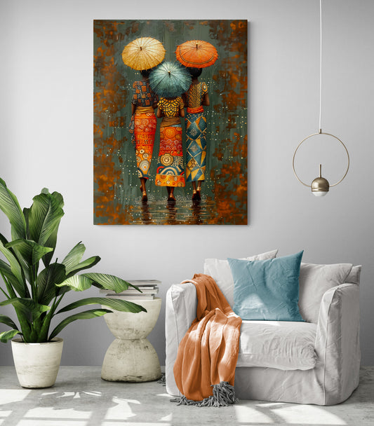 Tableau coloré, style africain, éclairé dans salon moderne épuré.