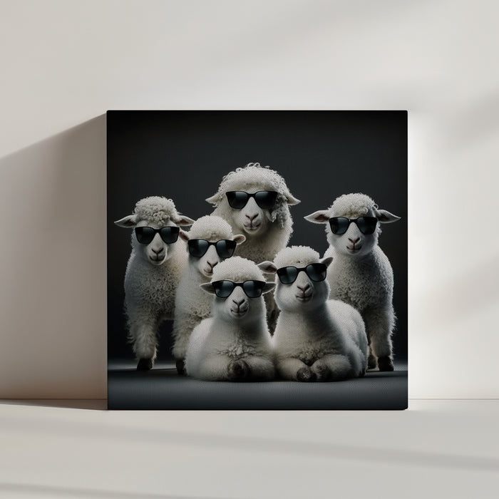 tableau moderne salon avec groupe de mouton blanc lunette noir