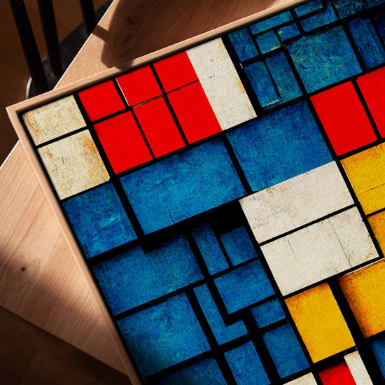 Geometric Mondrian-inspired painting in primary colors, ideal wall art for industrial loft or modern living room