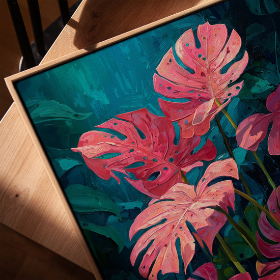 Feuilles de monstera roses tropicales tableau mural pour salon scandinave