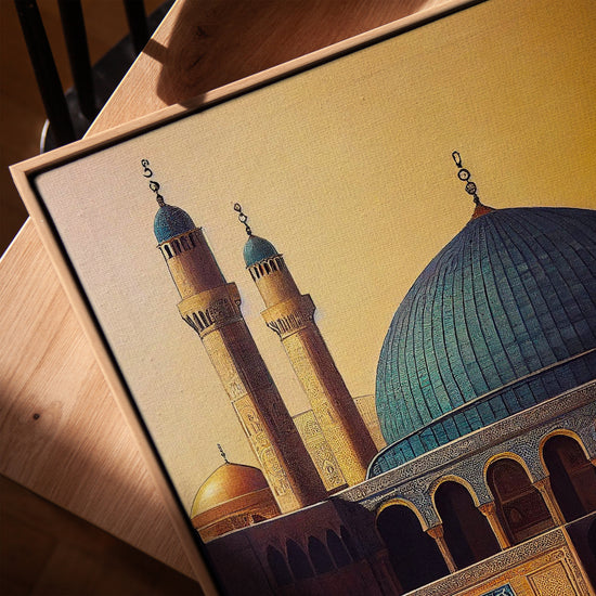 Al-Aqsa Mosque at dawn framed wall art for living room, golden oak frame, Jerusalem