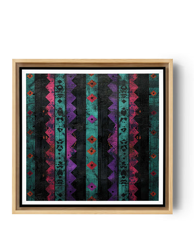 Een Afrikaans motief met verticale banden in turquoise, paars, zwart en rood, vergelijkbaar met het eerste beeld.