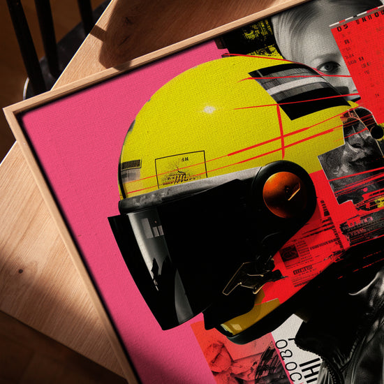 Cuadro casco moto pop art para salón industrial marco roble