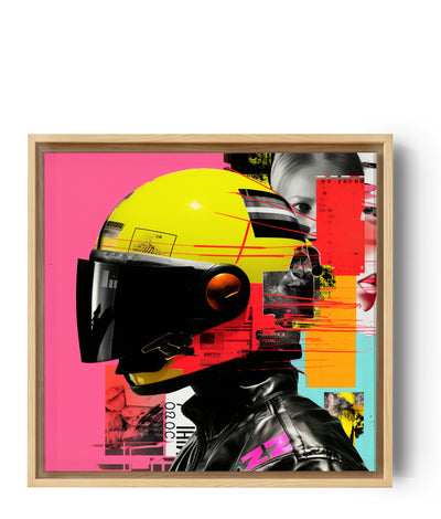 fotografía de un casco amarillo vibrante se yuxtapone a elementos gráficos audaces sobre fondo rosa.