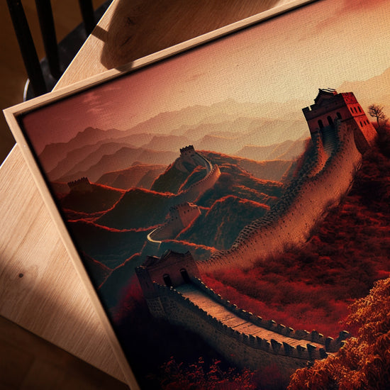 Great Wall of China framed wall art for living room, golden oak frame