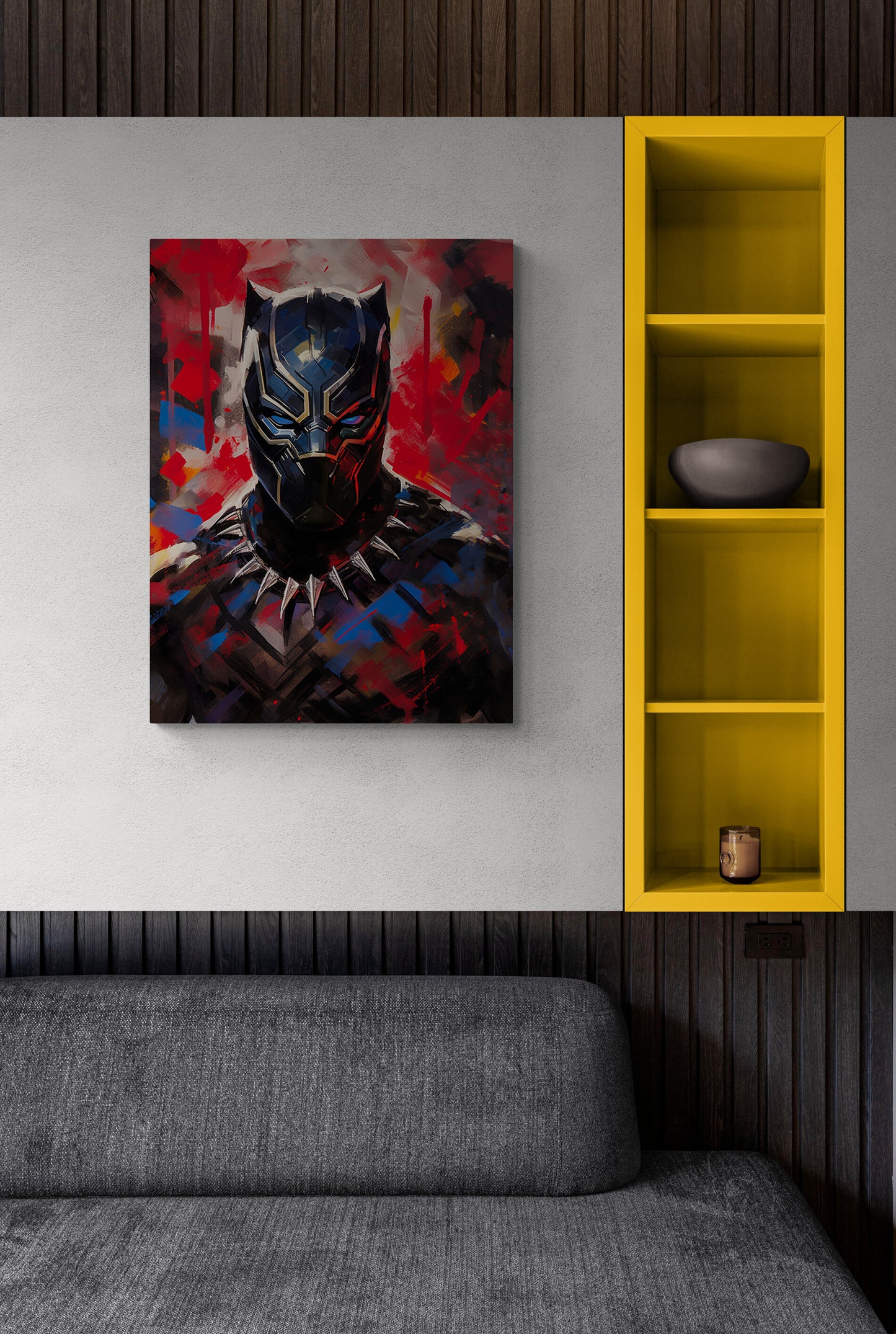 Tableau Black Panther mural, salon vibrant, pièce de caractère