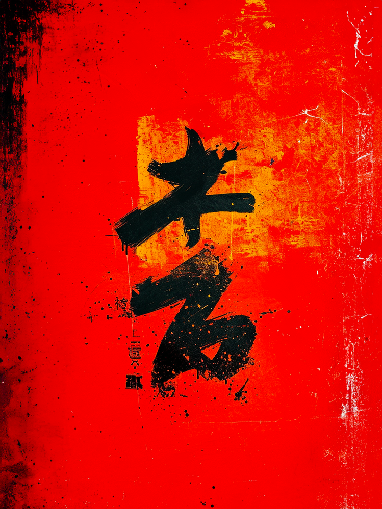 Art mural rouge vif caractères japonais calligraphiques.