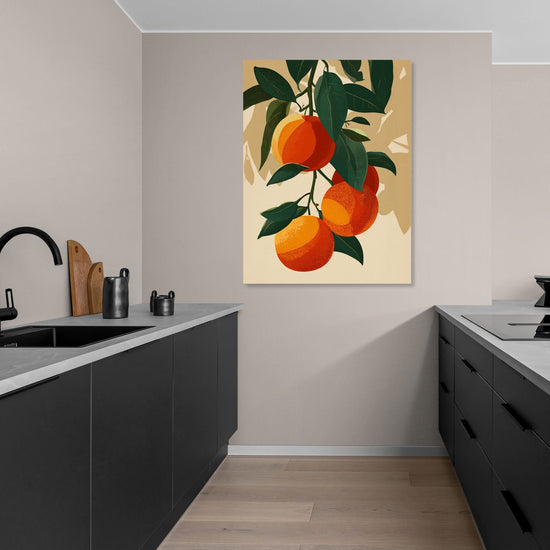 Tableau mural d'oranges sur fond beige, style illustratif, pour une cuisine moderne et épurée