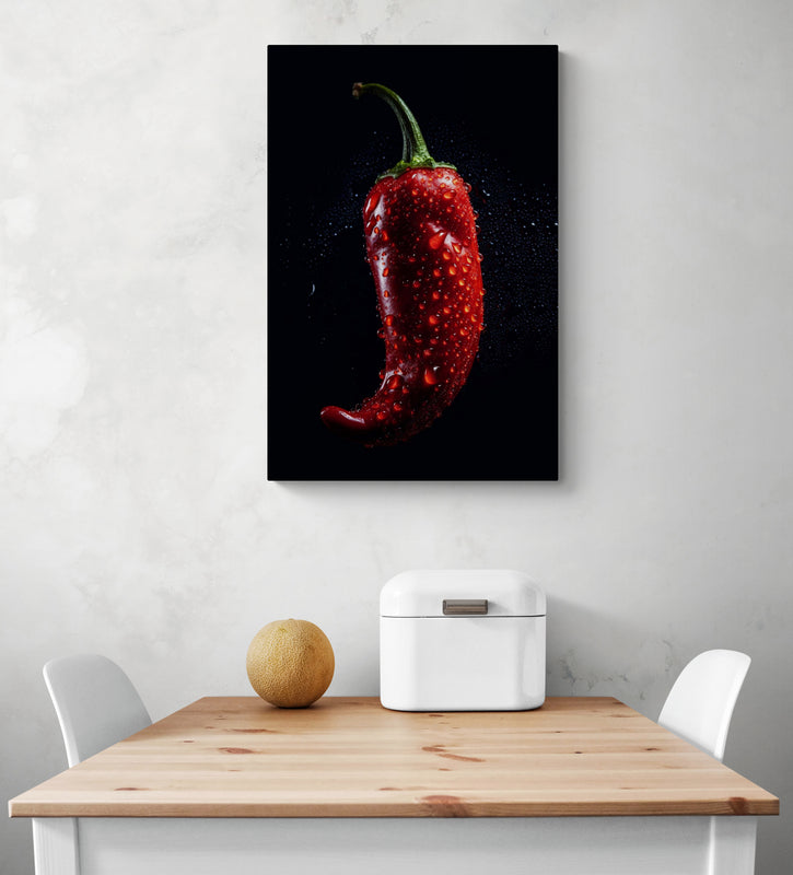 Un tableau photographique réaliste mettant en valeur un piment rouge éclatant.
