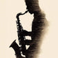 tableau art déco avec une silhouette de musicien jouant du saxophone, une pièce artistique qui évoque la passion de la musique .