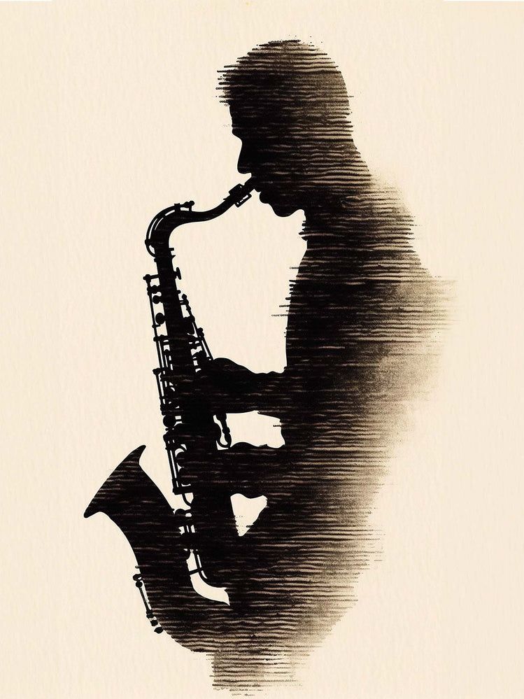 tableau art déco avec une silhouette de musicien jouant du saxophone, une pièce artistique qui évoque la passion de la musique .