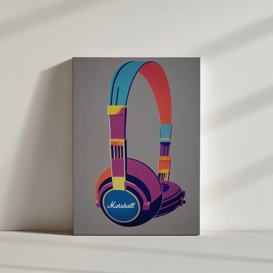 tableau musique Casque Marshall, style Pop art par Andy Warhol, rendu 3D réaliste, design coloré,