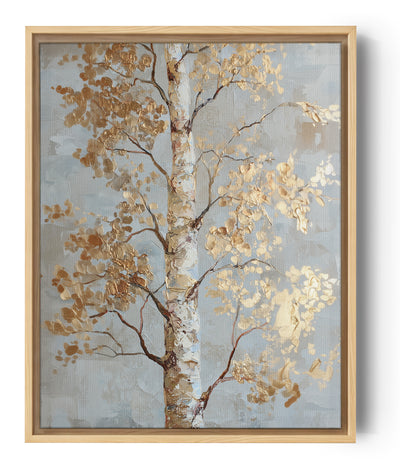 Tableau nature bouleau doré feuillage texturé fond bleu gris style romantique