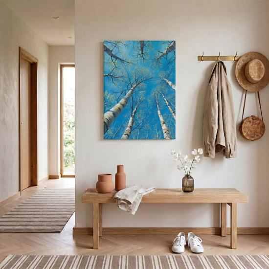 Tableau nature bouleaux blancs contre-plongée ciel bleu décoration murale salon zen