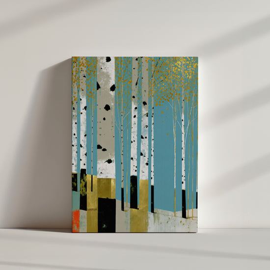 Minimalist birch forest canvas print with white trunks and golden leaves, clean modern wall decoration