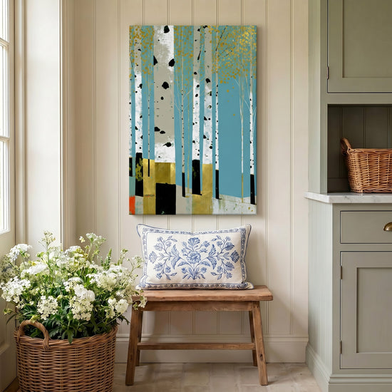 Birch nature wall art with golden leaves and blue backdrop for modern contemporary living room decor
