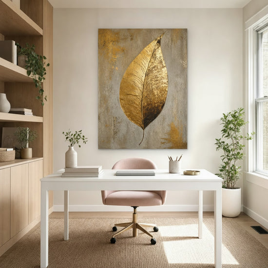 Goldenes Blatt auf grau patiniertem Hintergrund im modernen Wohnzimmer, elegantes Leinwandbild