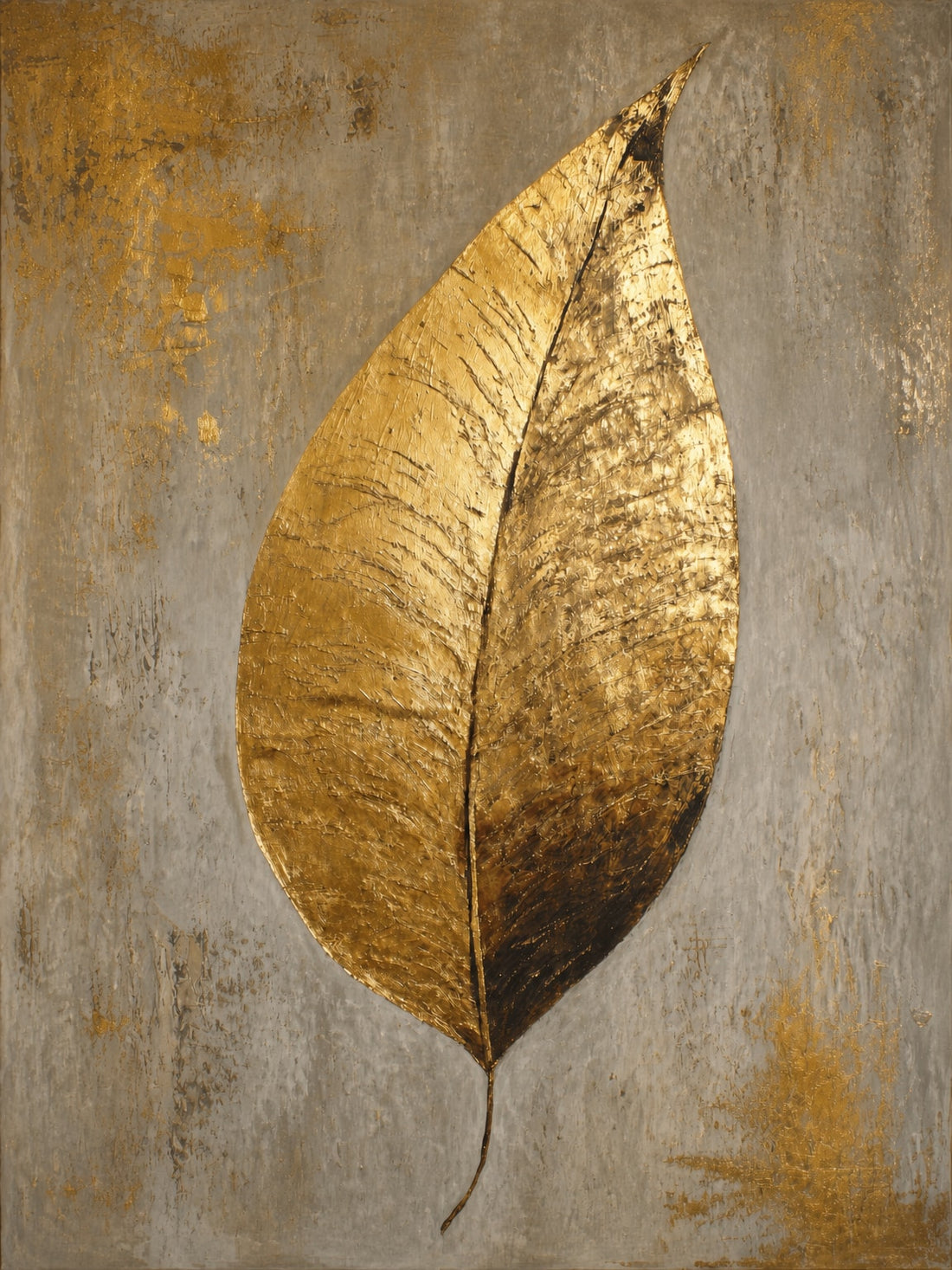 Leinwandbild Goldenes Blatt – Kostbare Natur auf patiniertem Grau