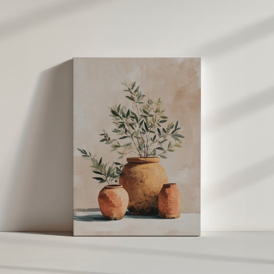 Tableau nature morte avec pots en terre cuite et branches d'olivier, style méditerranéen apaisant