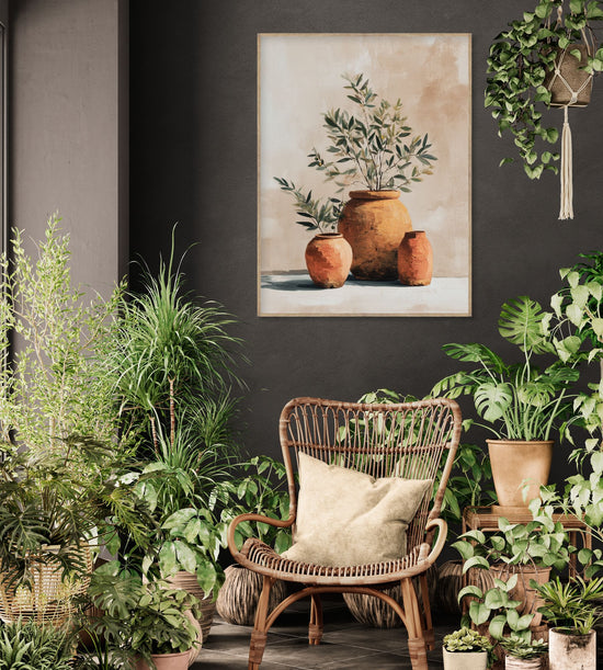 Soothing Mediterranean still life wall art with terracotta vases in a lush, greenery-filled living room