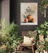 Soothing Mediterranean still life wall art with terracotta vases in a lush, greenery-filled living room